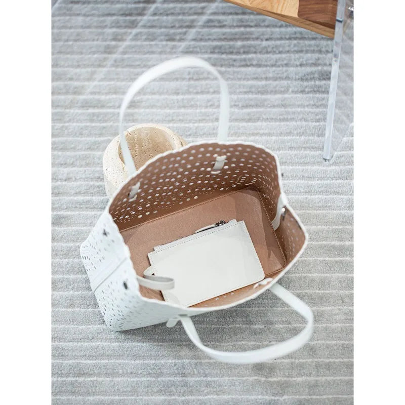 New Tote Bag French Cowhide Handmade Bag Niche Laser Engraved Hollow Leather Vegetable Basket Bag Casual Versatile Temperament