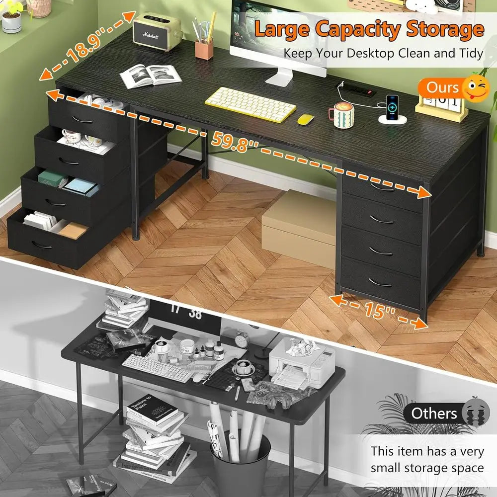 60 Inch Desk with 8 Drawers: Home Office, Study, Gaming Desk with Power Outlets, Black