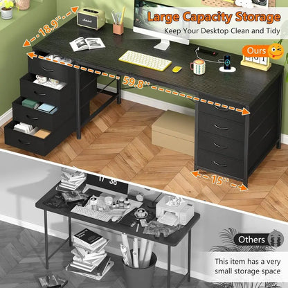 60 Inch Desk with 8 Drawers: Home Office, Study, Gaming Desk with Power Outlets, Black