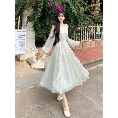 Off Shoulder Dresses for Women Long Sleeve Thin Spring Summer A-line Elegant Ins Girls Casual Solid Minimalist Fitness Beauty
