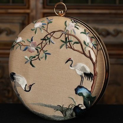 Cape-Bay Brand Women's Bag, Elegant and Classy Small Handbag, Shoulder Bag, Round Bag, Crossbody Bag, Classical Beauty, Retro Fashion, Chinese Suzhou-Style Embroidery, Landscape Painting, Floral and Bird Motifs, Beautiful Min