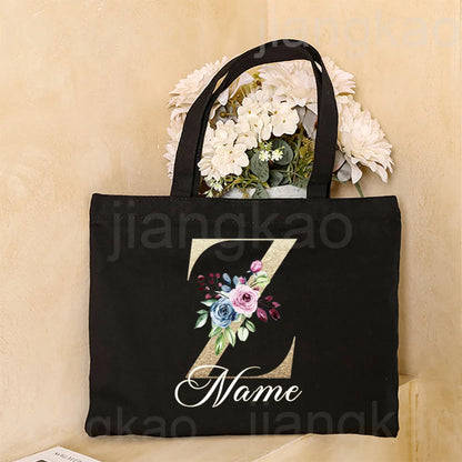 Personalized Initial with Name Tote Bag Women Canvas Shoulder Bags Monogram Shopping Bag Handbags Birthday Wedding Gifts for Her