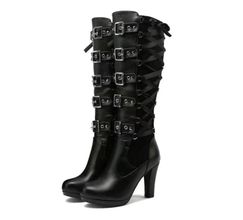 Platform Boots For Women Lace Up Chunky High Heel Mid Calf Boots Narrow Band Bow Knot Goth Gothic Shoes Winter 2024