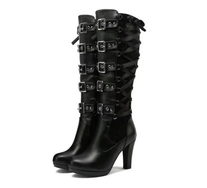 Platform Boots For Women Lace Up Chunky High Heel Mid Calf Boots Narrow Band Bow Knot Goth Gothic Shoes Winter 2024