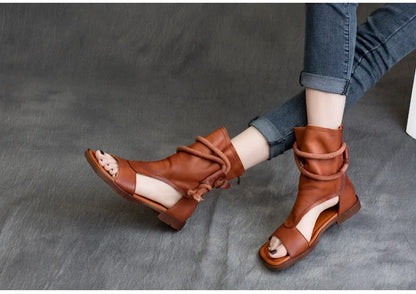 Birkuir High Top Open Toe Sandals For Women Summer Boots Luxury Hollow Out Beach Sandals Genuine Leather Flats Shoes Ladies