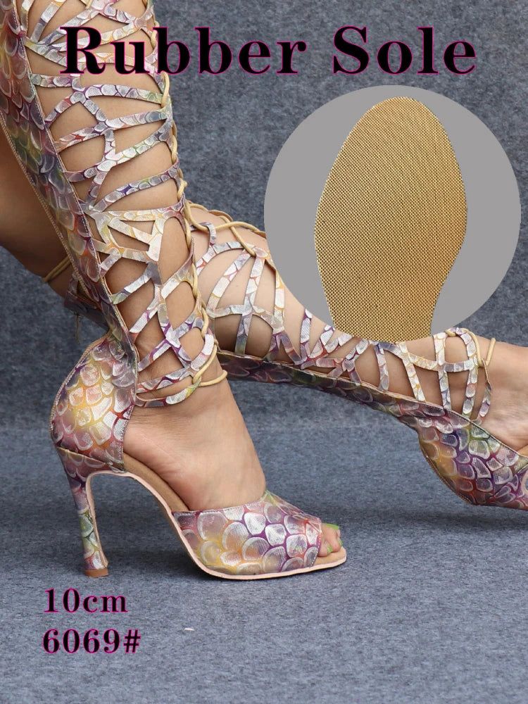 Ladingwu High-end Custom Material Fish Scale Texture Women Dance Shoes Sexy Pole Dance Boots Ladies Wedding Ballroom Shoes