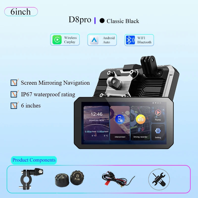 Gallop Sprite 6 inch Motorcycle GPS Navigation Wireless CarPlay Android Auto DVR Drive Recorder Portable Moto Monitor IPX7