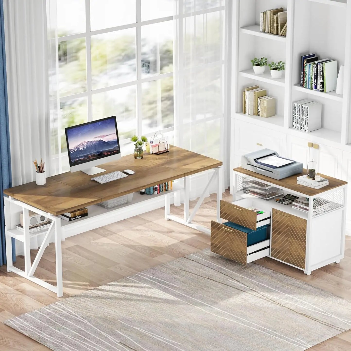 L Shaped Desk with Drawer,63" Executive Computer Desk and lateral File Cabinet, 2 Piece Home Office Furniture for, Customized
