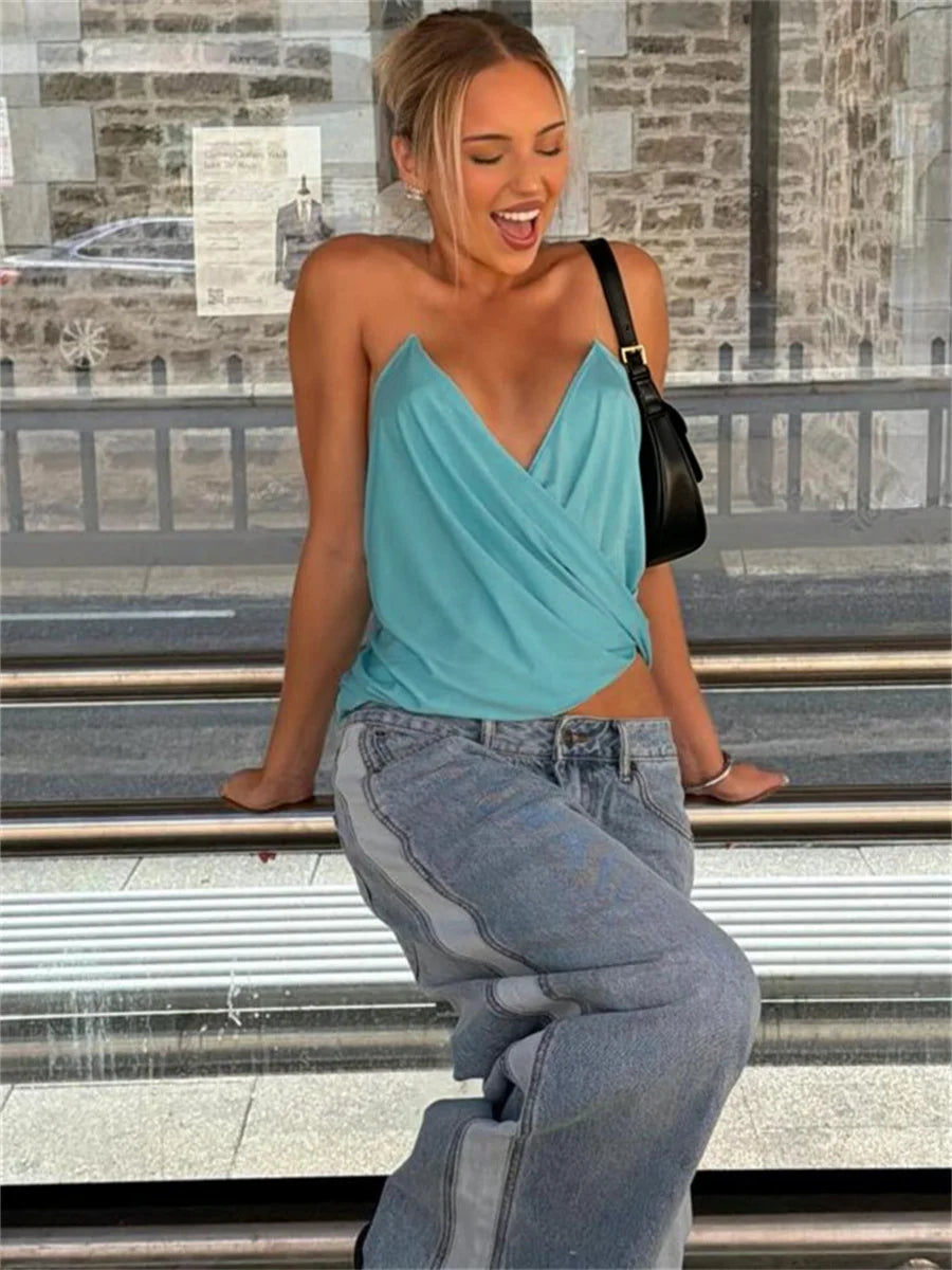 Weird Puss Hottie Backless Tank Top Women Sexy Cross Ruched Patchwork Sleeveless Stretch Wild Trend Midnight Street Club Vest