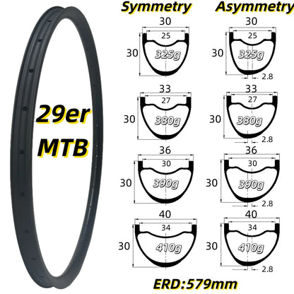 29er MTB Carbon Rims 30/33/36/40mm Width 30mm Hight Super Light Tubeless/Hookless 29ER MTB Carbon Rims