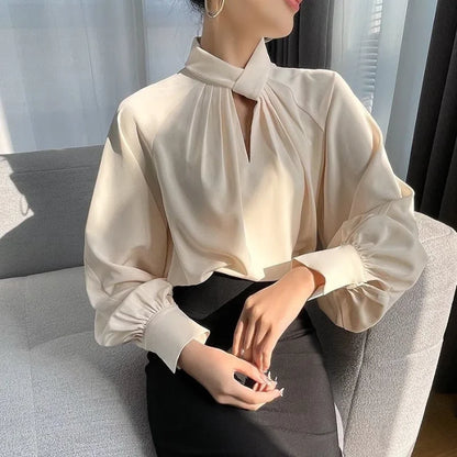 Office Lady Hollow Out Loose Shirt Tops Spring Autumn New Long Sleeve Elegant Solid Blouse Temperament Fashion Women Clothing
