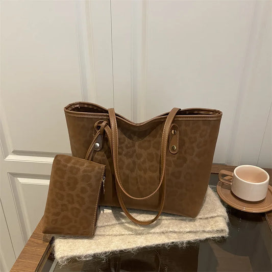 2pcs/set Leopard Print Women Shoulder Bag For Commuting, Daily Used, Casual Tote Bag Large Capacity Ladies Handbags And Purses