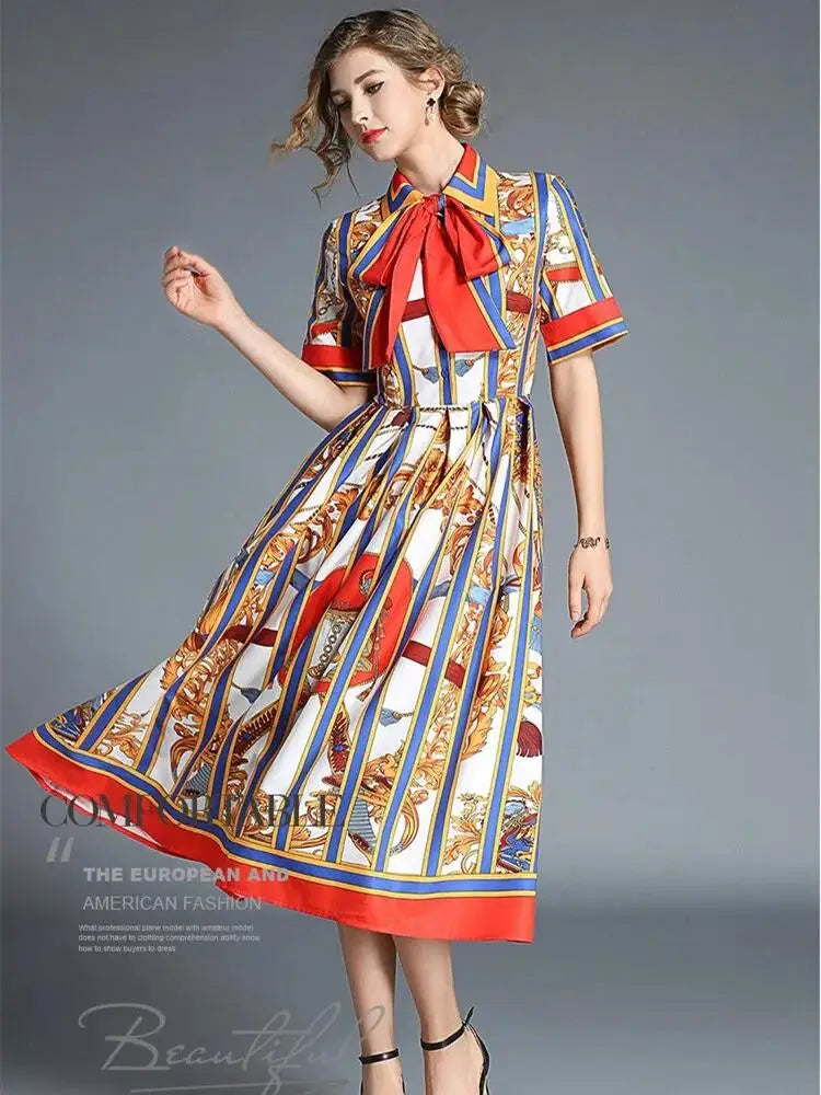 Women's Orange Striped Short Sleeves Vintage Belt Bow Tie Collar Shirt Dress Summer Runway Chain Printing Casual Midi Vestidos
