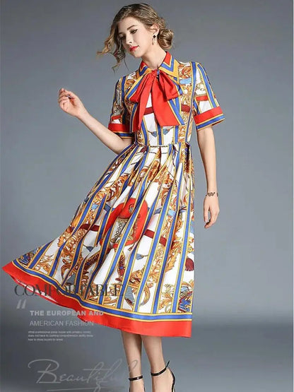 Women's Orange Striped Short Sleeves Vintage Belt Bow Tie Collar Shirt Dress Summer Runway Chain Printing Casual Midi Vestidos