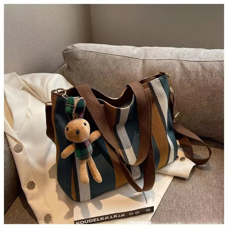 Tote Bag for Women Large Capacity Canvas Striped Shoulder Bag with Cute Pendant Commute Handbag Casual Versatile Crossbody Bag