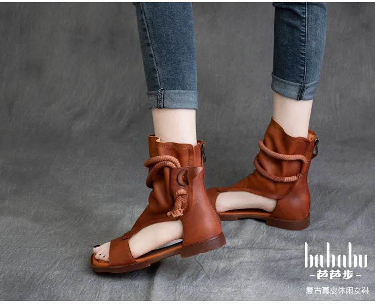 Birkuir High Top Open Toe Sandals For Women Summer Boots Luxury Hollow Out Beach Sandals Genuine Leather Flats Shoes Ladies
