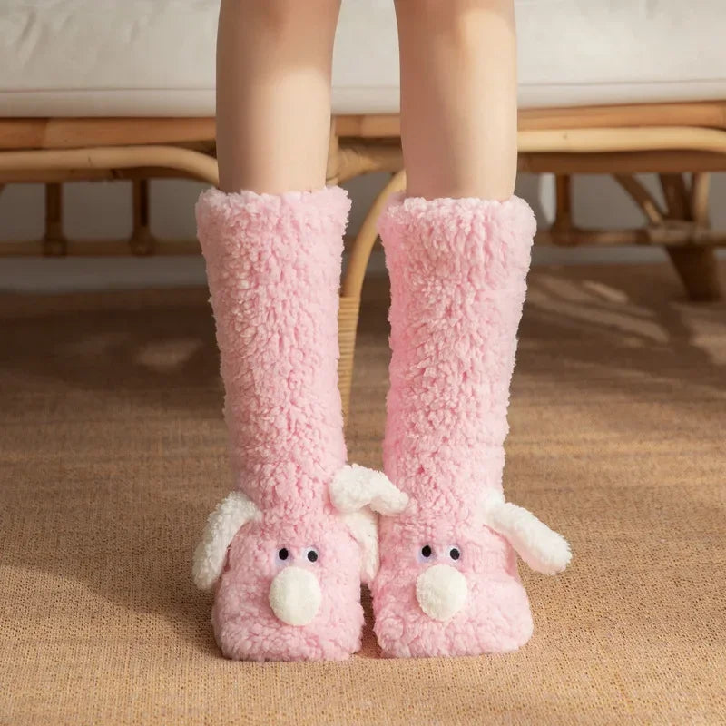 Fuzzy Fluffy Sock Women Cartoon 3D Dog Winter Warm Plush Non slip Home Sleeping Soft Female Floor Thermal Funny Slipper Sock