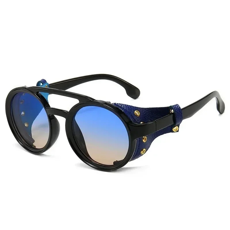 Steampunk Shields Sunglasses Men Women Classic SunGlasses With Side Leather Round Eyewear Pink UV400 Lens