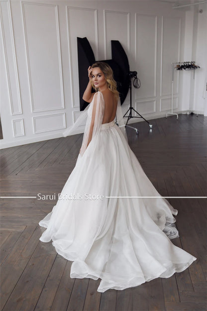 Customized Classic Deep V-neck Organza and Tulle Plus Size Wedding Dress Sexy Backless Court Bridal Gowns