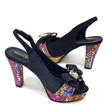 Venus Chan Nigerian Women Heel Party Shoes and Bag Set Royal Blue Colour Rhinestone Handbag Italian Design Wedding INS 2024
