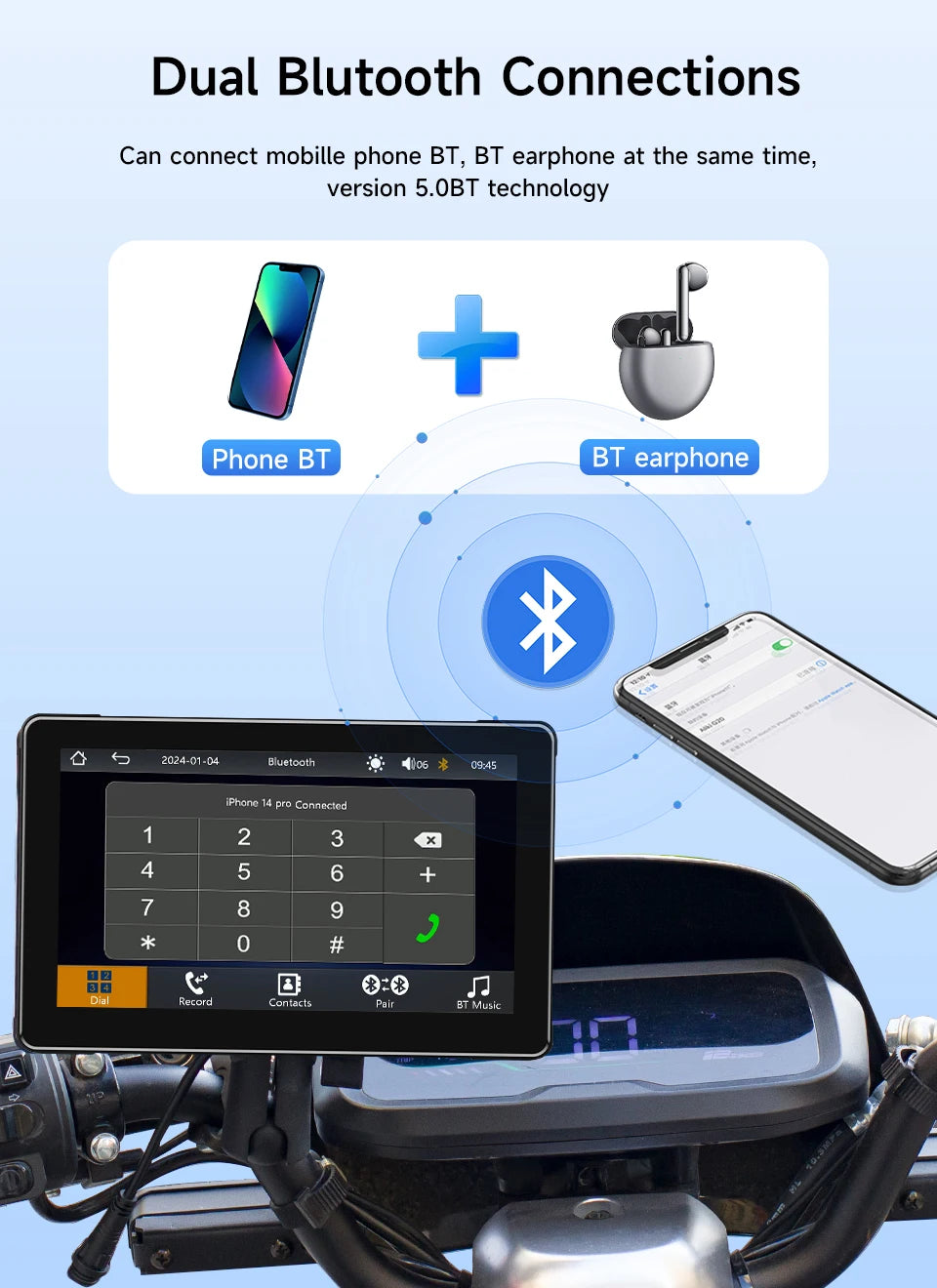 7-inch motorcycle navigation screen, Ipx 6, 1024 x 600, wireless automatic monitor, Android, Apple Carplay