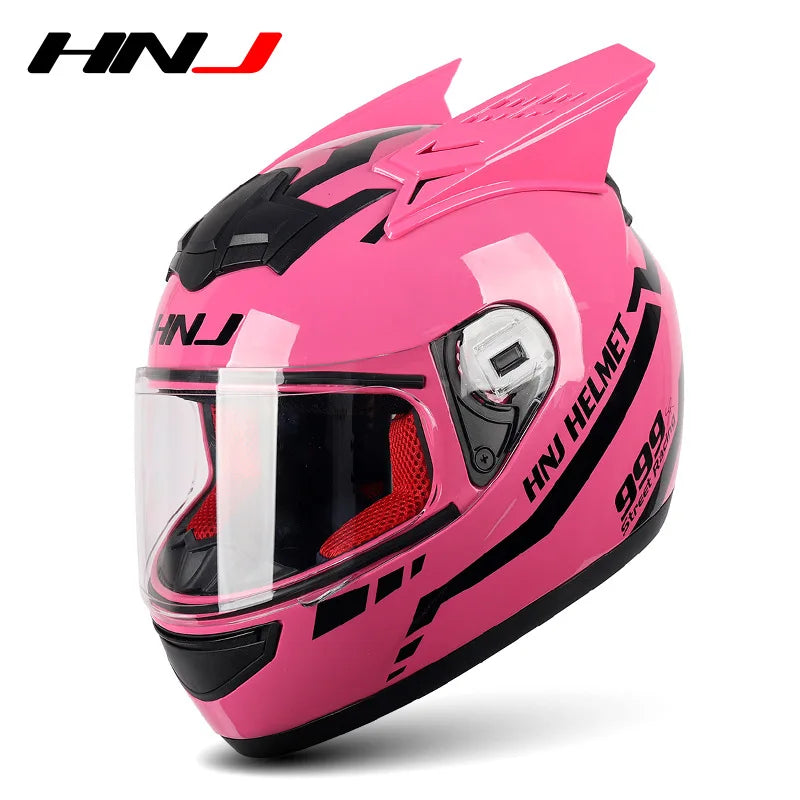 HNJ Men Motorcycle Helmet Women Full Face Helmet Riding Personality Horn Pink Helmet DOT Certification casco moto