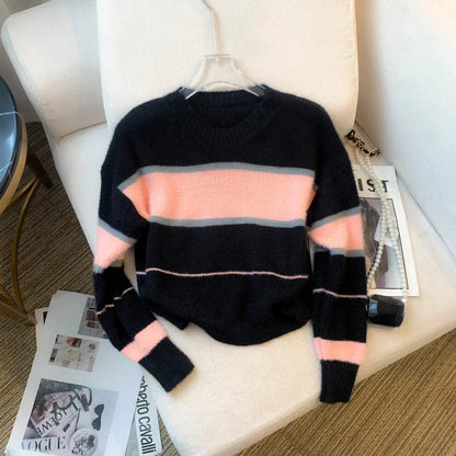 2026 New Winter Color Block Crew Neck Pullover Sweater,Crop Top Casual Long Sleeve Drop Shoulder Sweater Women's Clothing