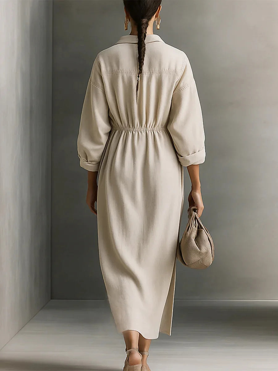 2026 Women's Elegant Long Dresses Fashion Casual Turndown Collar Side Slit Shirt Dress Vintage Solid Ruched Dress Loose Robes