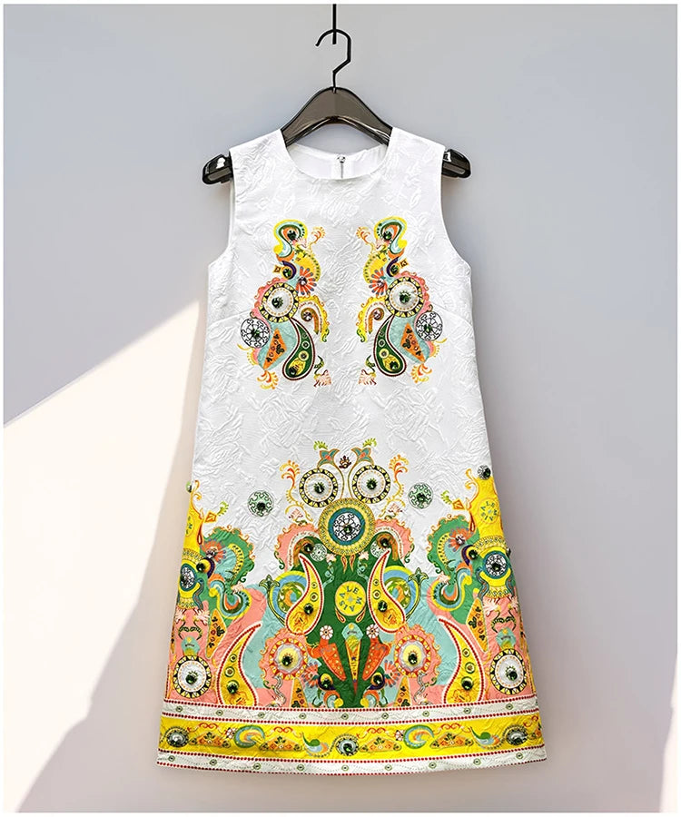 2026 Women Printed Beaded Dress Sleeveless Colorblock a Line Dress Elegant Summer Ladies Fashion Tank Dress Party Casual Dress