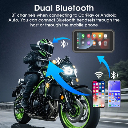 JMCQ Portable 6.25 inch Motorcycle GPS Navigation IPX7 Waterproof Wireless CarPlay Android Auto Drive Recorder Support 4K DVR