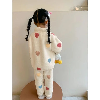 Flannel Girls Pajamas Sets Winter Children's Coral Fleece Sleepwear Cartoon Teenager Loungewear Set Thicken Kids Pyjamas Clothes