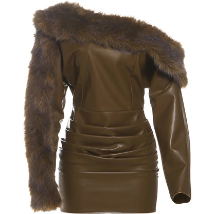 Kliou Faux Leather Mini Dresses Woman Furry Patchwork Skew Collar Full Sleeve Backless High Waist Street Fashion Classic Bodycon