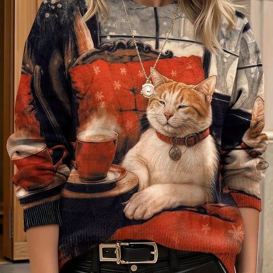 2025 Women's Long Sleeve Crew Neck Sweater Cat & Cozy 3D Printed Men's Pullover Winter Unisex Casual Men's For Women's Pullover