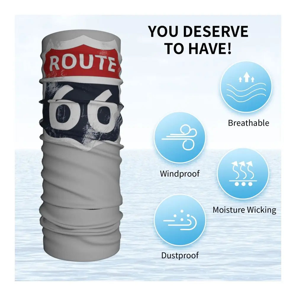 Custom Travel Motorcycle Ride Route 66 Bandana Winter Neck Warmer Windproof Wrap Face Scarf for Hiking Highways Gaiter Headband