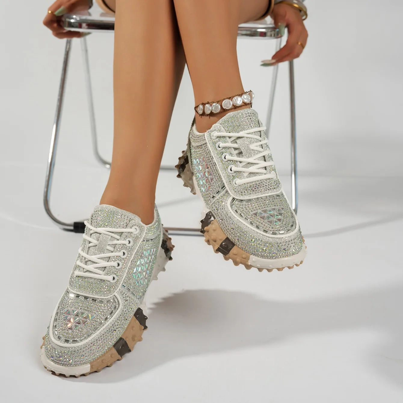 2026 Thick Soled Color Blocked Women's Sneakers Luxury Rhinestone Loafers Fashion Versatile Comfort Anti Slip Women Shoes Tenis