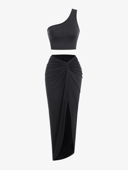 Spring and Autumn New Popular Women's Y2K Knit Off-Shoulder High Stretch Vest Top and Sexy Slit Half Skirt Set