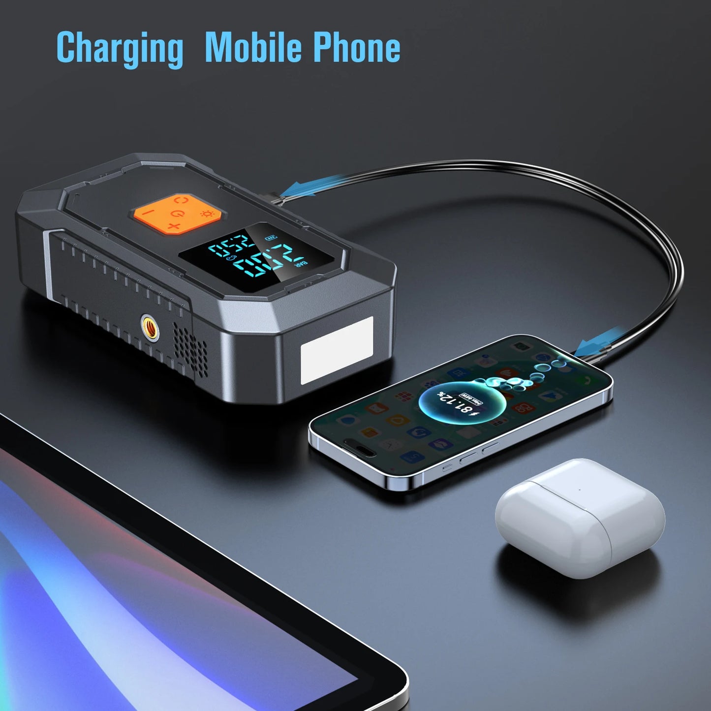 Car Jump Starter Air Pump Power Bank Lighting Portable Air Compressor 4 In 1 Cars Battery Starters Auto Tyre Inflator