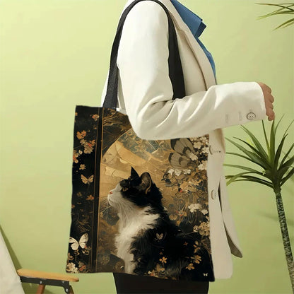 Classic Black And White Cat Tote Bag With Cat Print, Reusable Shoulder Shopping Beach Bag For Women, Durable Casual Carryall