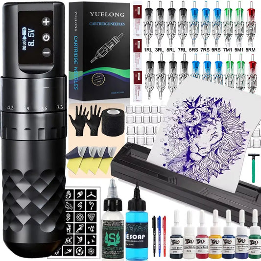 Complete Wireless Tattoo Pen Kit 7 Strokes Adjustable Tattoo Machine with Transfer Printer Ink Set Permanent Makeup Tattoo Kit