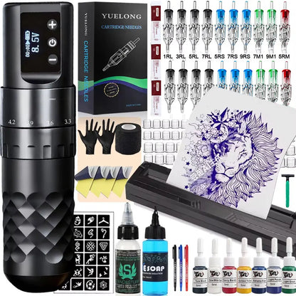 Complete Wireless Tattoo Pen Kit 7 Strokes Adjustable Tattoo Machine with Transfer Printer Ink Set Permanent Makeup Tattoo Kit
