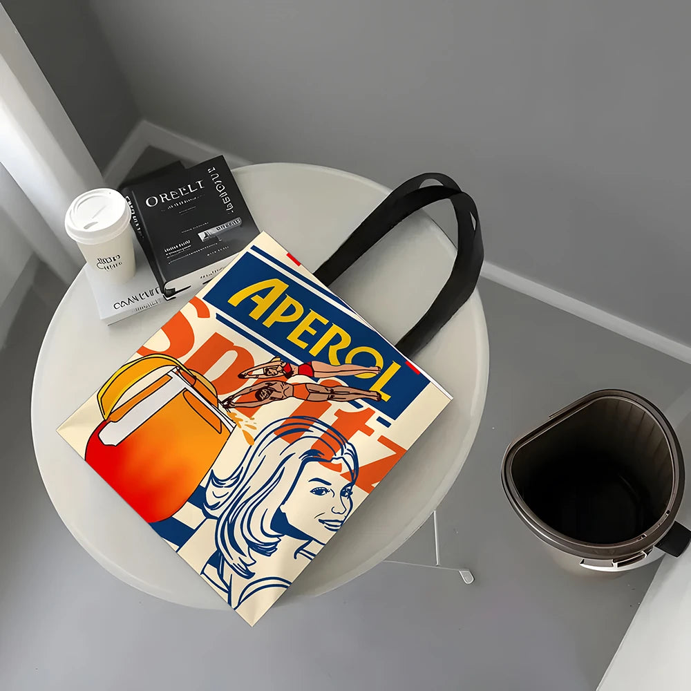 1pc Aperol Spritz Art Print Tote Bag Reusable Fabric Grocery Foldable Shopping Bag