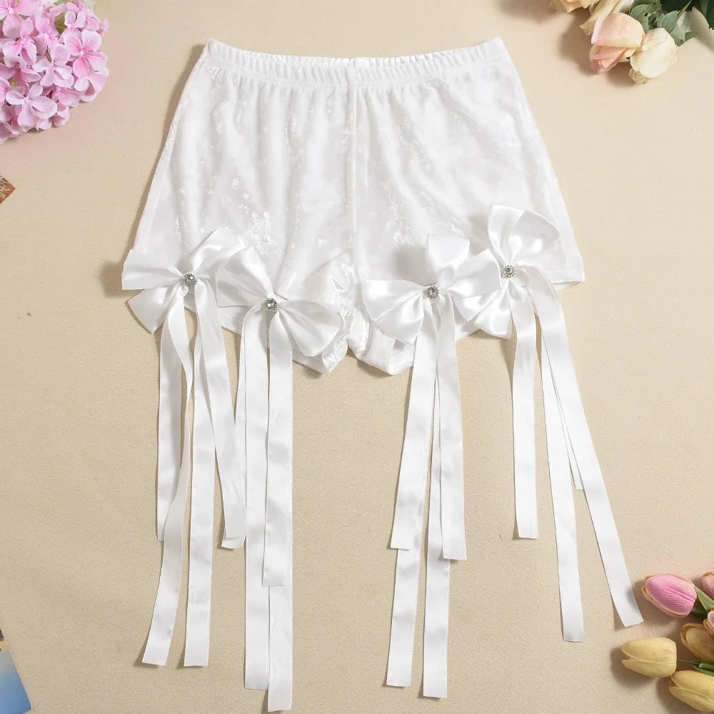 White 3D Bowknot Tassel Sexy Sheer Mesh Women Two Piece Short Sets 2026 Summer Fashion Long Sleeve Tshirt and Mini Shorts Outfit