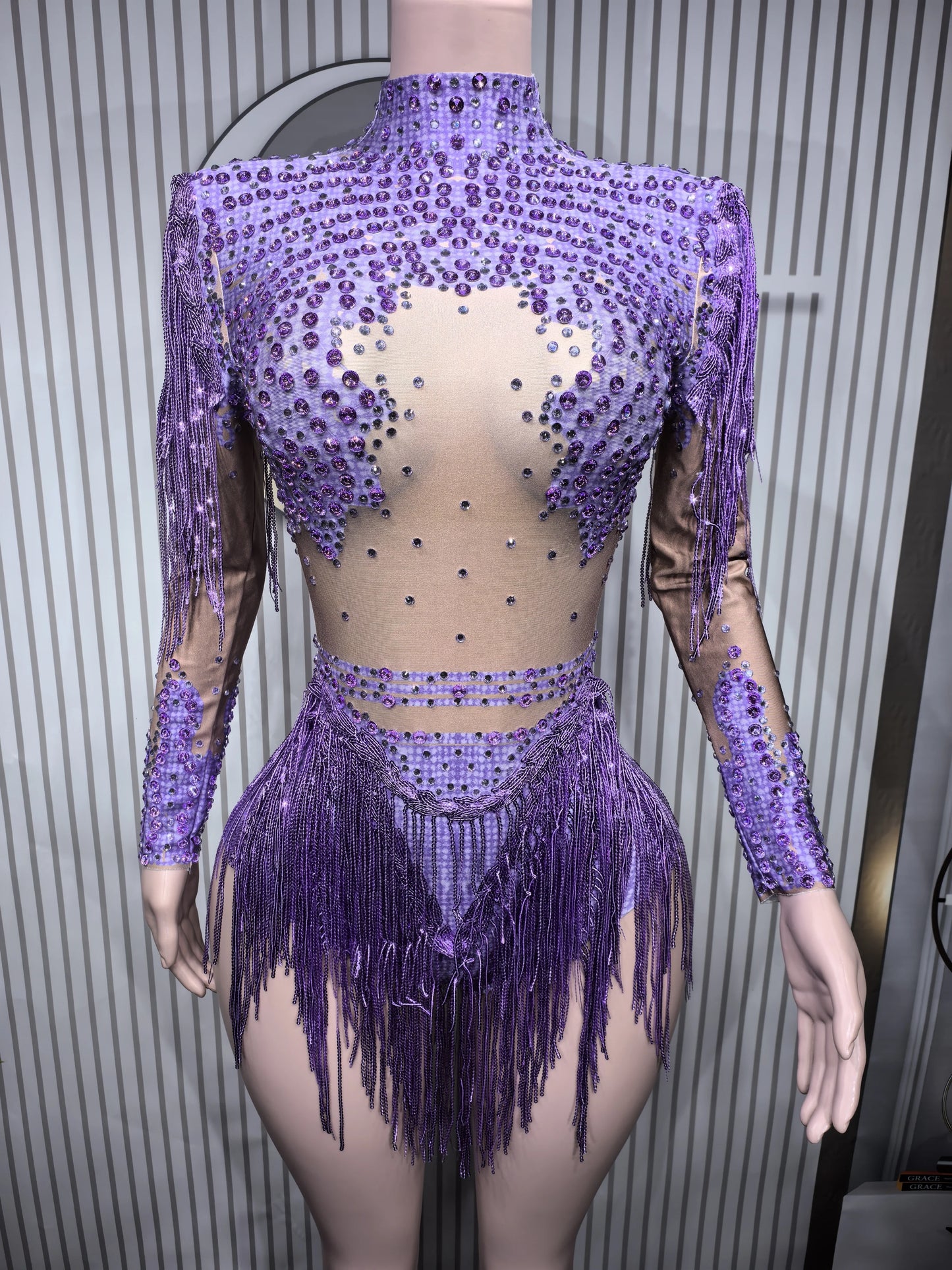 Sexy Skinny Leotard Singer Dancer Show StageWear Sparkly Blue Rhinestones Women DanceCostume Fringes One Shoulder Bodysuit  7G