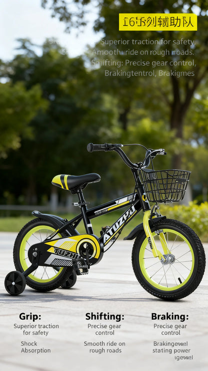 Bright Yellow Sports Style Children's Bicycle - 14 Inch 16 Inch 18 Inch Pedal Bikes for Boys And Girls Aged 3-9 Years Old