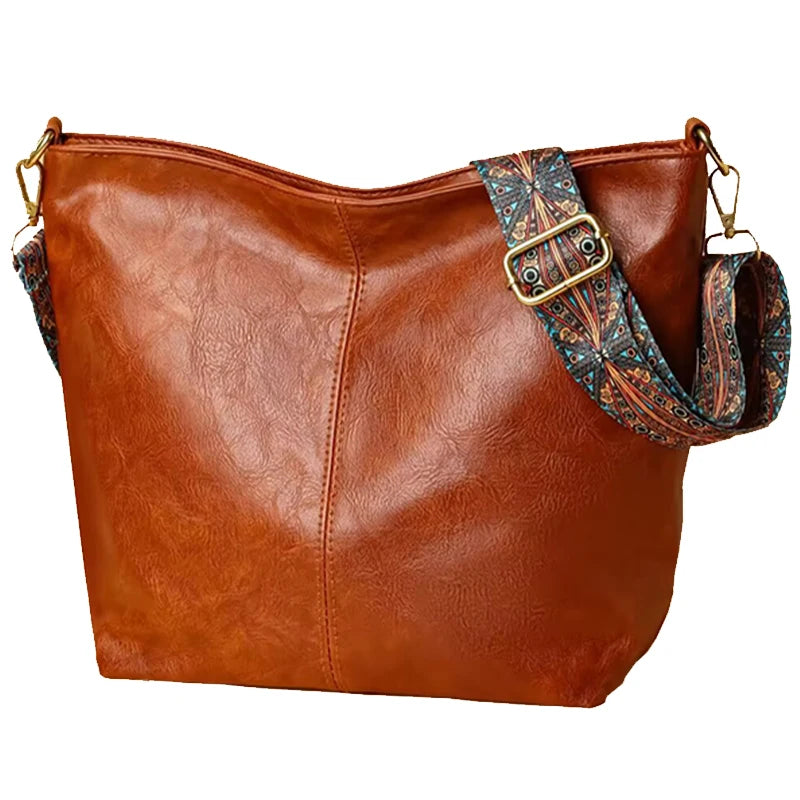 Neutral Style Men's and Women's Pu Tote Bag, Suitable for Travel and Photography, Single Shoulder Bag with Ethnic Style Strap