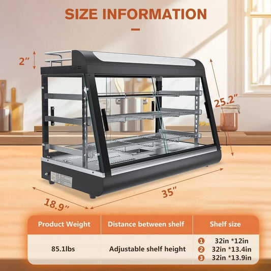 35inch 3-Tier Commercial Food Warmer with Top Rack for Milk Juice, Countertop Heat Holding Cabinet Display Case for Pizza/Pretze