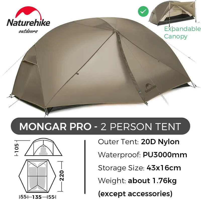 Naturehike Mongar 2 UL/PRO 1-2 Person Backpacking Tent Nylon Waterproof Ultralight Travel Trekking Shelter Tent with Footprint
