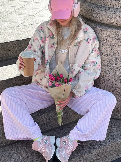 Fashion Lambswool Women's Coats Patchwork Long Sleeve Zipper Pocket Female Parka Jacket 2025 Autumn New Arrival Lady Outerwear