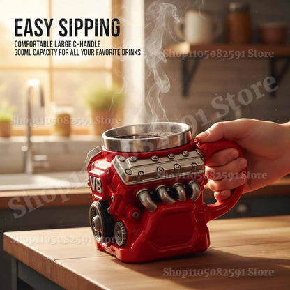Retro Engine Coffee Mug,V8 Engines Stainless Steel Cup,Personalized Double Wall Insulation Car Mug with Handle for Christmas