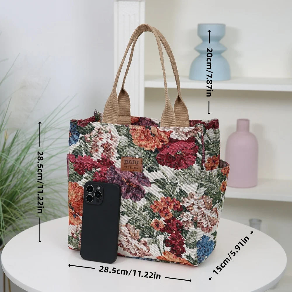 New Thickened Knitted Tote Bag, Floral Pattern Retro Large Capacity Handbag for Work  tote bag Shopping Daily Use School Commute